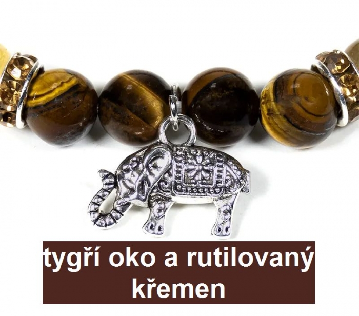 Náramky tygří oko/rutilovaný křemen a přívěšek slon